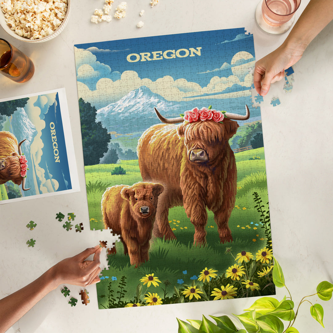 Oregon, Lithograph, Highland Cow and Calf, 1000 Piece Jigsaw Puzzle