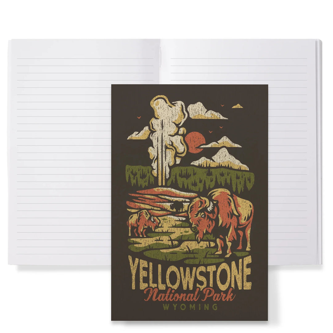 Lined 6x9 Journal, Yellowstone National Park, Wyoming, Distressed Mountain Scene, Lay Flat, 193 Pages, FSC paper