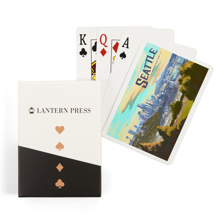 Playing Cards, Seattle, Washington, Skyline, Oil Painting, 52 Card Deck with Jokers in Box, Unique Art