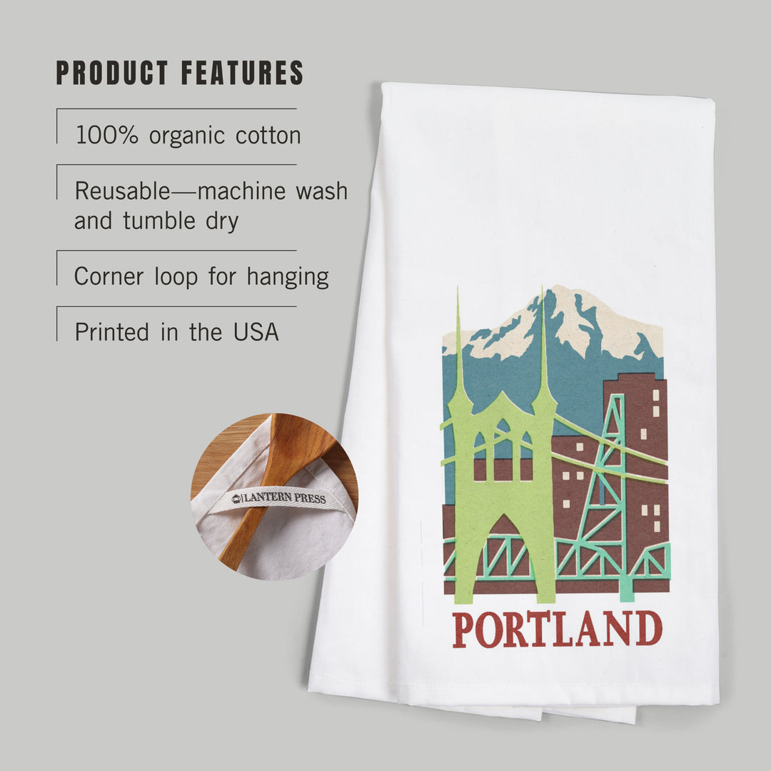 Portland, Oregon, Woodblock, Contour, Organic Cotton Kitchen Tea Towels
