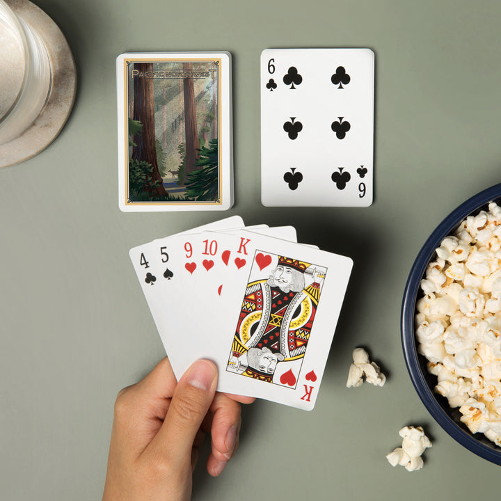 Playing Cards, Pacific Northwest, Deer in Forest, Lithograph, 52 Card Deck with Jokers in Box, Unique Art