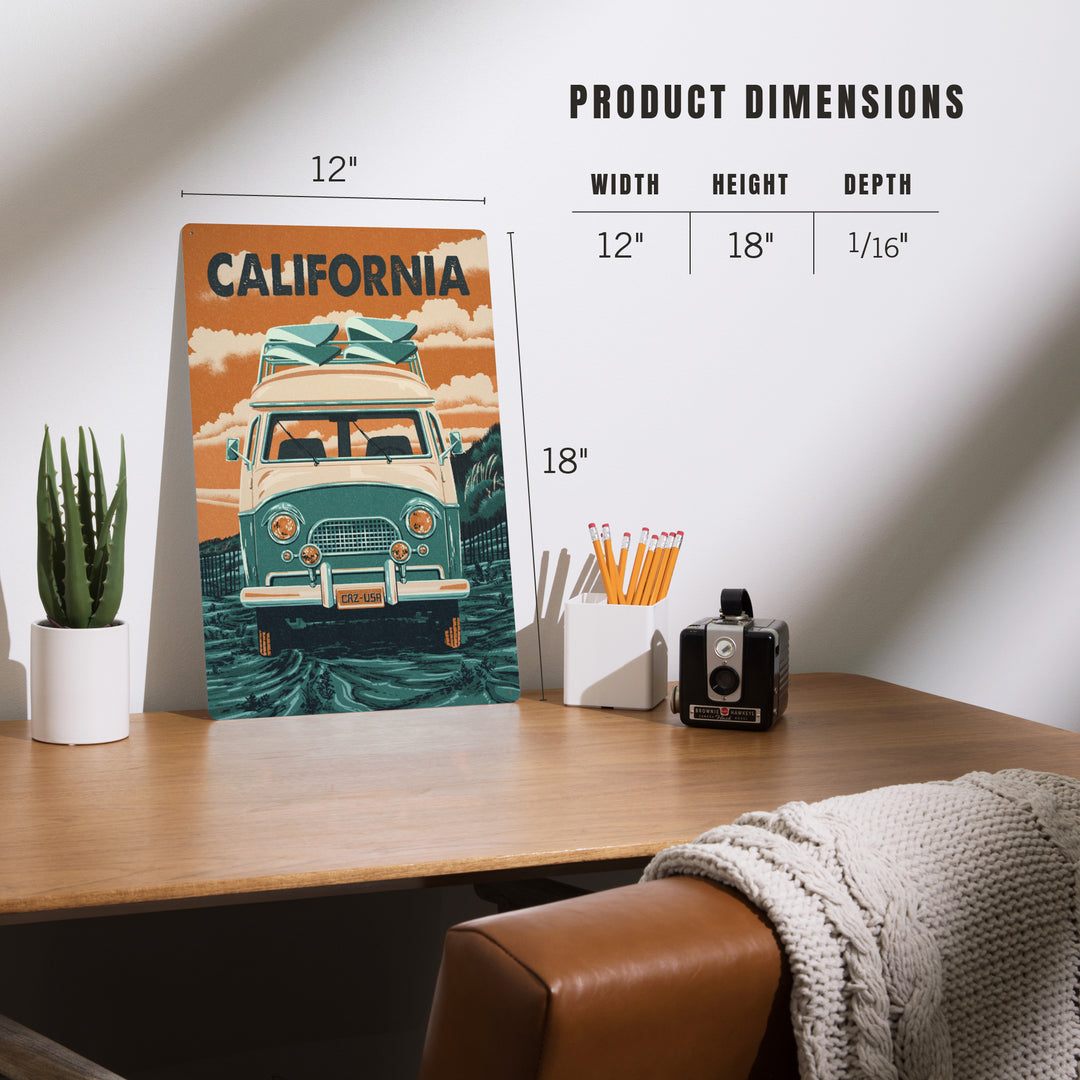 California, Letterpress, Camper Van, Metal Signs - Lantern Press