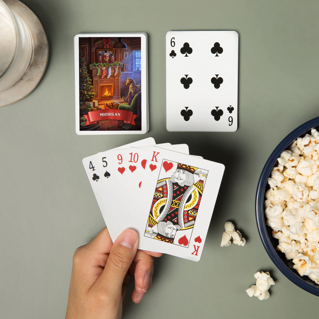Playing Cards, Michigan, Christmas Morning, 52 Card Deck with Jokers in Box, Unique Art