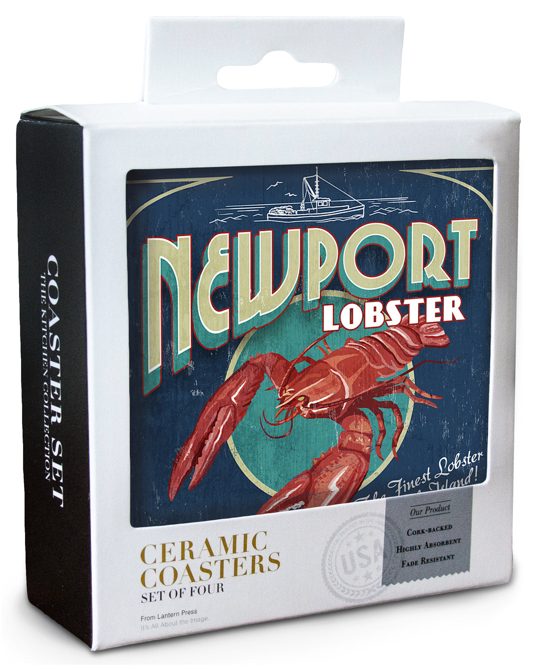 Newport, Rhode Island, Lobster Vintage Sign, Coaster Set