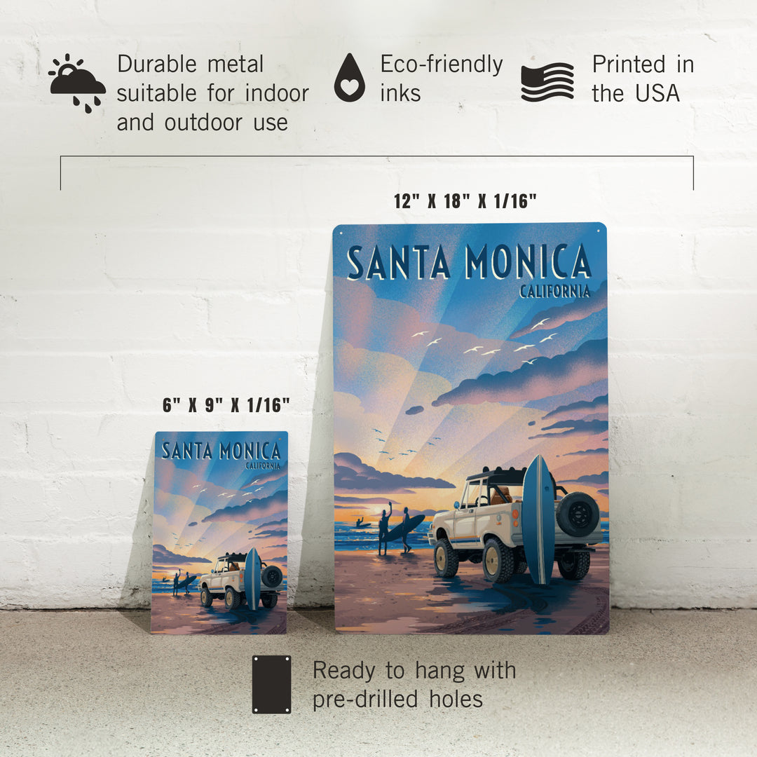 Santa Monica, California, Lithograph, Wake Up! Surf's Up!, Surfers on Beach, Metal Signs
