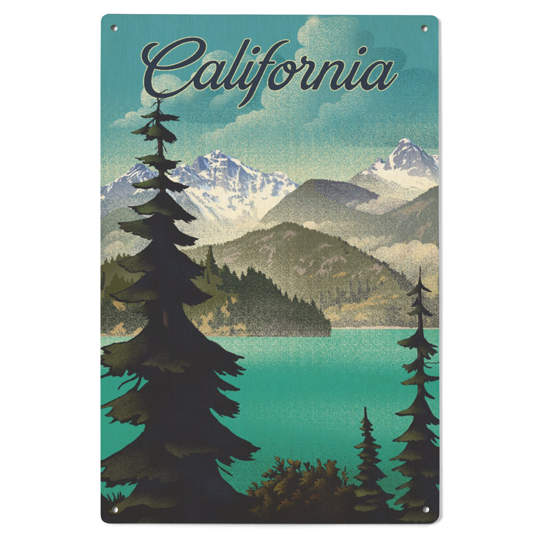 California, Lithograph, Lake and Mountains Scene, Wood Signs and Postcards