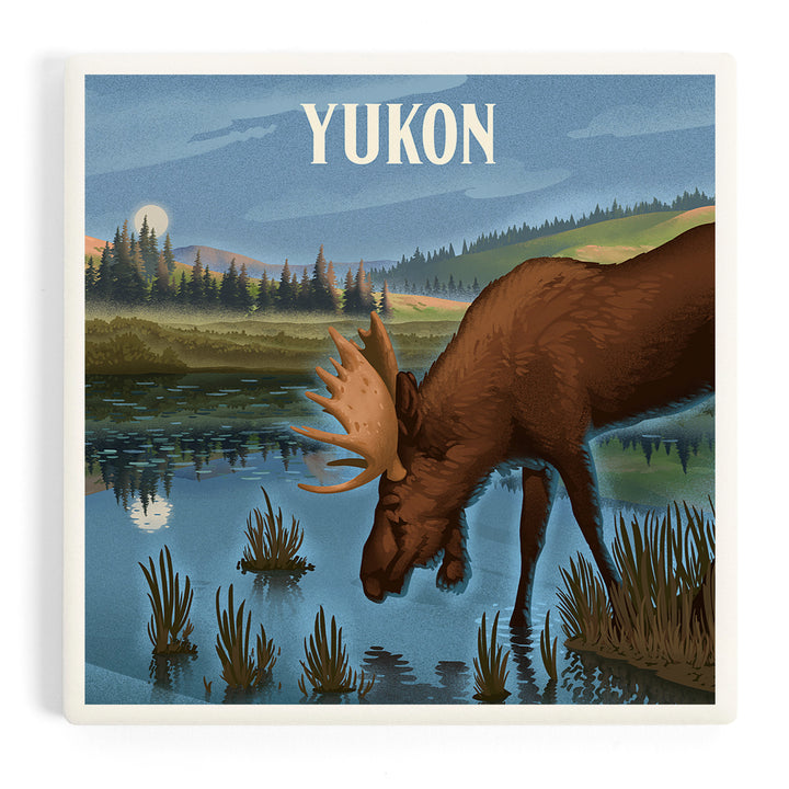 Yukon, Lithograph, Reflection Pond and Bull Moose, Coasters