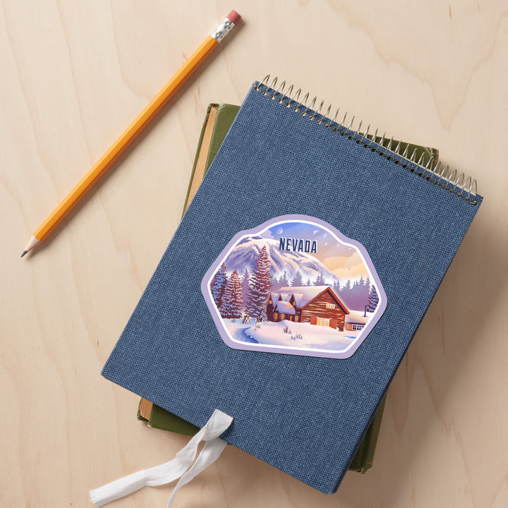 Nevada, Lithograph, Mountain Lodge, Winter Scene, Vinyl Sticker