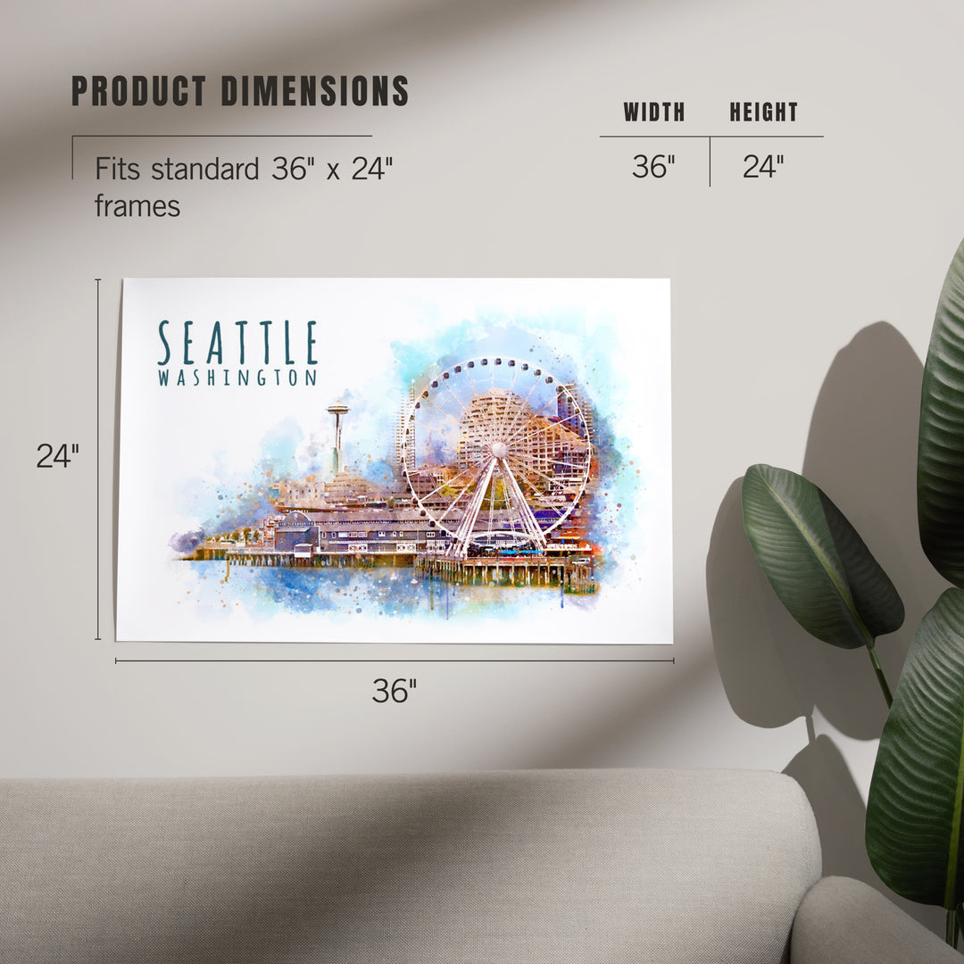 Seattle Skyline, Ferris Wheel, Watercolor, Art & Giclee Prints