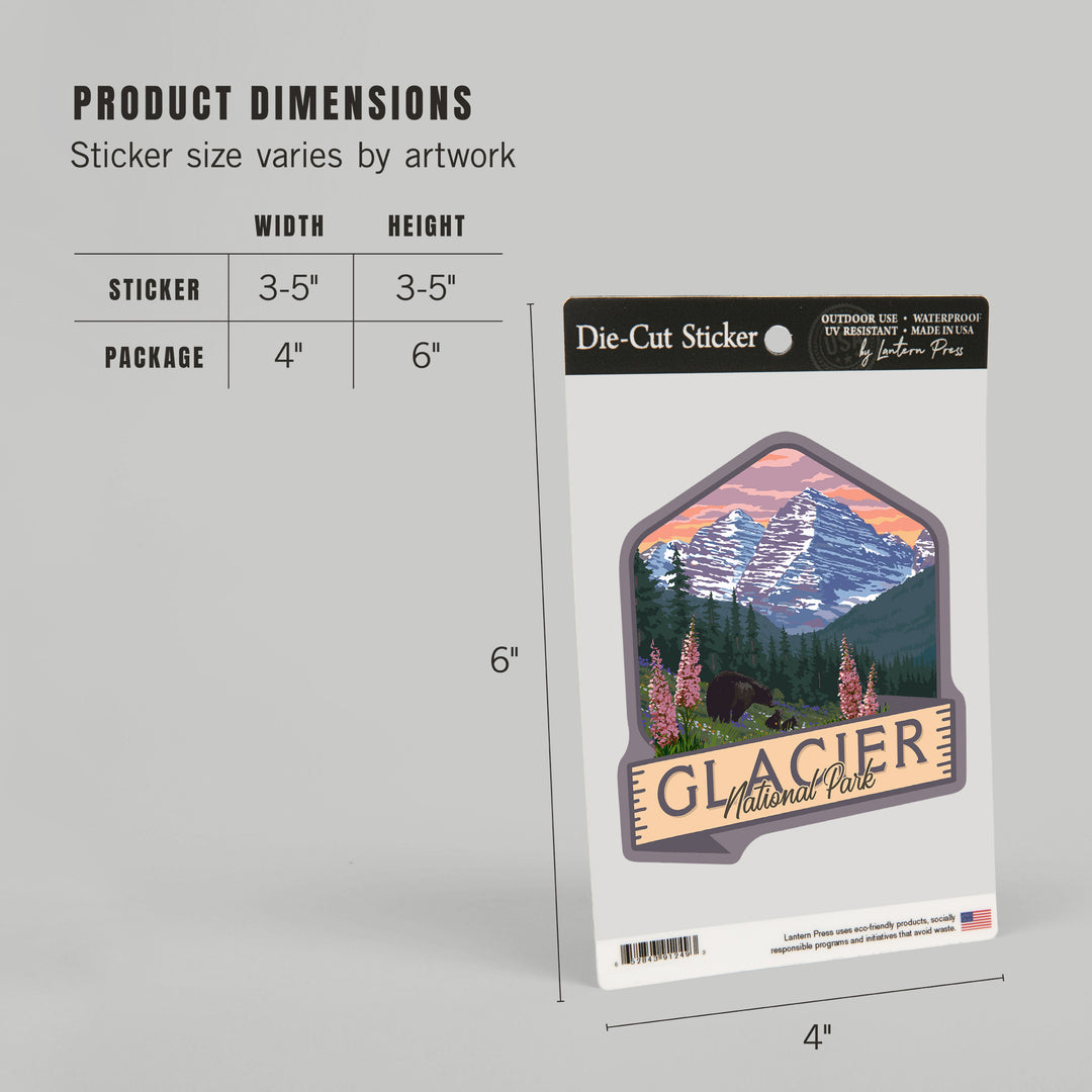 Glacier National Park, Montana, Bear and Spring Flowers, Contour, Lantern Press Artwork, Vinyl Sticker