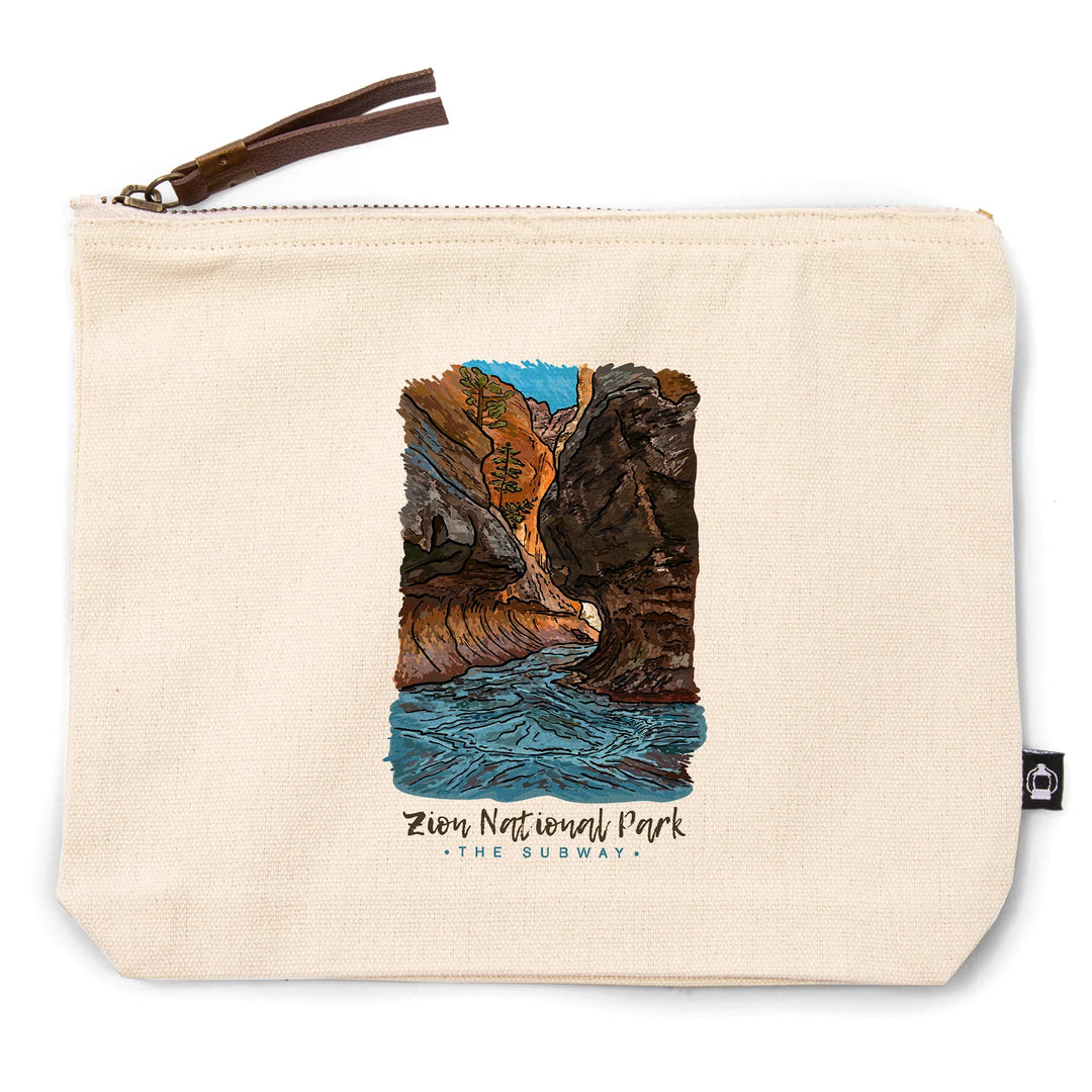 Zion National Park, Utah, Line Drawing, The Subway, Organic Cotton Zipper Pouch, Go Bag