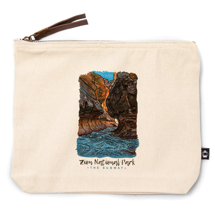 Zion National Park, Utah, Line Drawing, The Subway, Organic Cotton Zipper Pouch, Go Bag