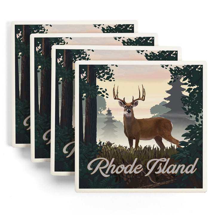 Rhode Island, Painterly, Deer and Sunrise, Coasters