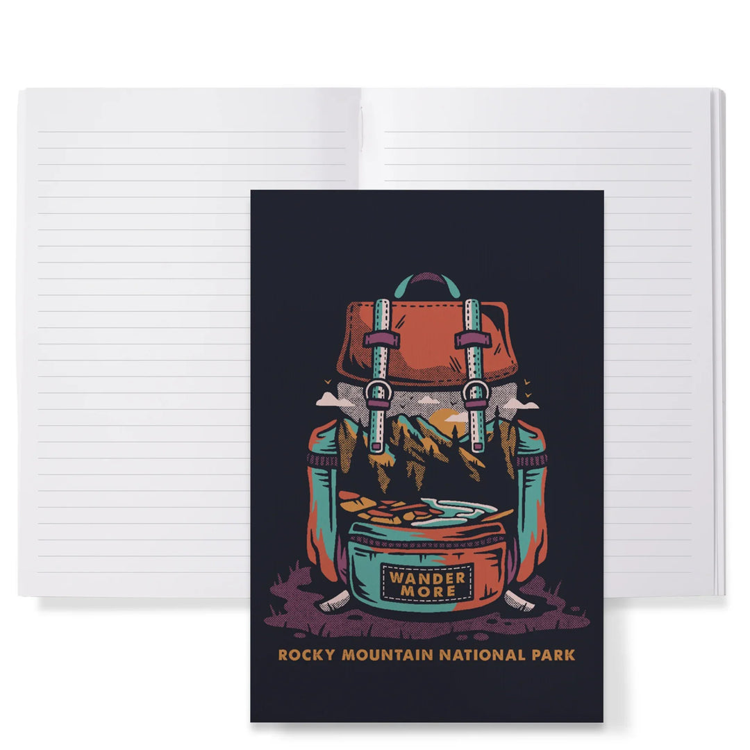 Lined 6x9 Journal, Rocky Mountain National Park, Colorado, Backpack, Wander More, Distressed Vector, Lay Flat, 193 Pages, FSC paper