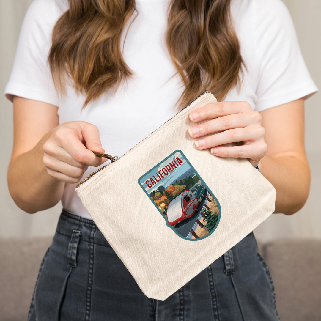 California, Retro Camper on Road,, Organic Cotton Zipper Pouch, Go Bag
