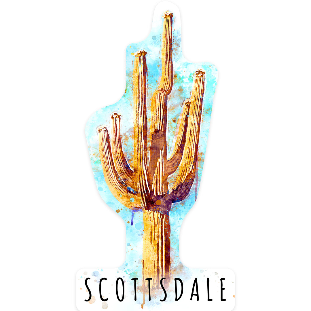 Scottsdale, Arizona, Saguaro Cactus, Watercolor, Contour, Lantern Press Artwork, Vinyl Sticker