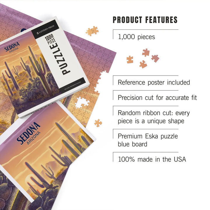 Sedona, Arizona, Lithograph, Cactus and Sunset, Jigsaw Puzzle