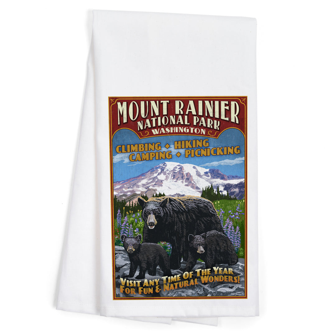 Mount Rainier National Park, Bear Family Vintage Sign, Organic Cotton Kitchen Tea Towels