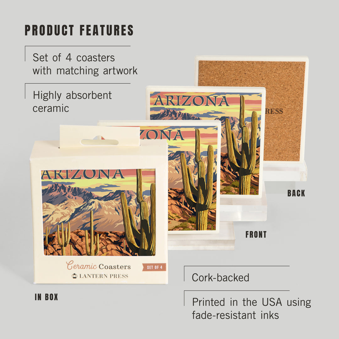 Arizona, Desert Cactus Trail Scene at Sunset, Coasters