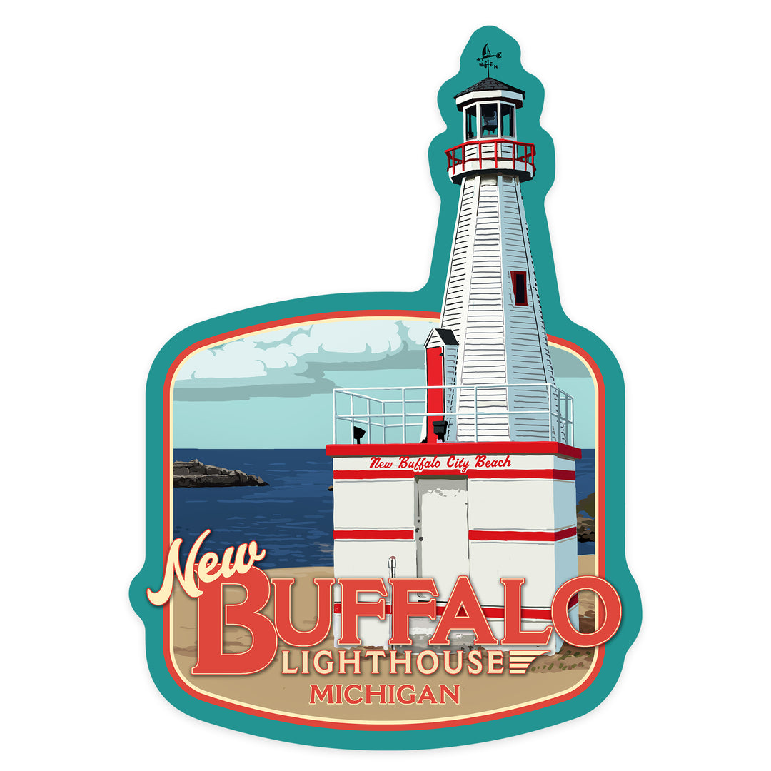 New Buffalo, Michigan, New Buffalo Lighthouse, Contour, Lantern Press Artwork, Vinyl Sticker