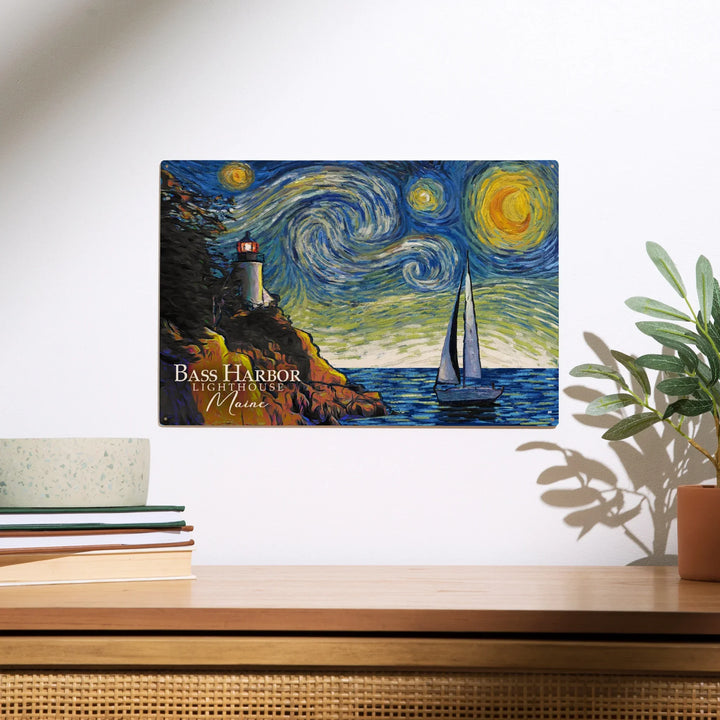 Maine, Starry Night, Bass Harbor Lighthouse, Wood Sign and Postcards