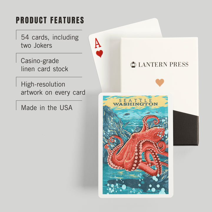 Playing Cards, Seattle, Washington, Vintage Print Press, Octopus, 52 Card Deck with Jokers in Box, Unique Art