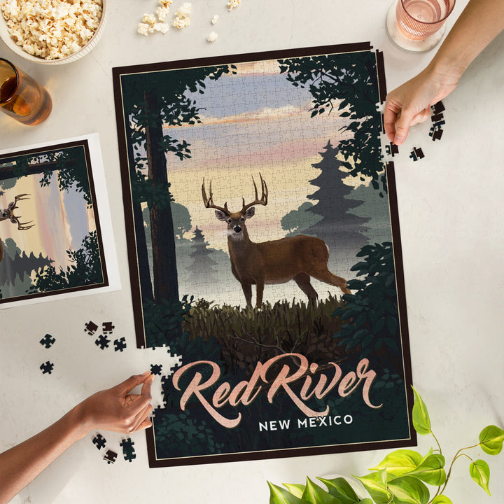 Red River, New Mexico, Painterly, Deer and Sunrise, Jigsaw Puzzle