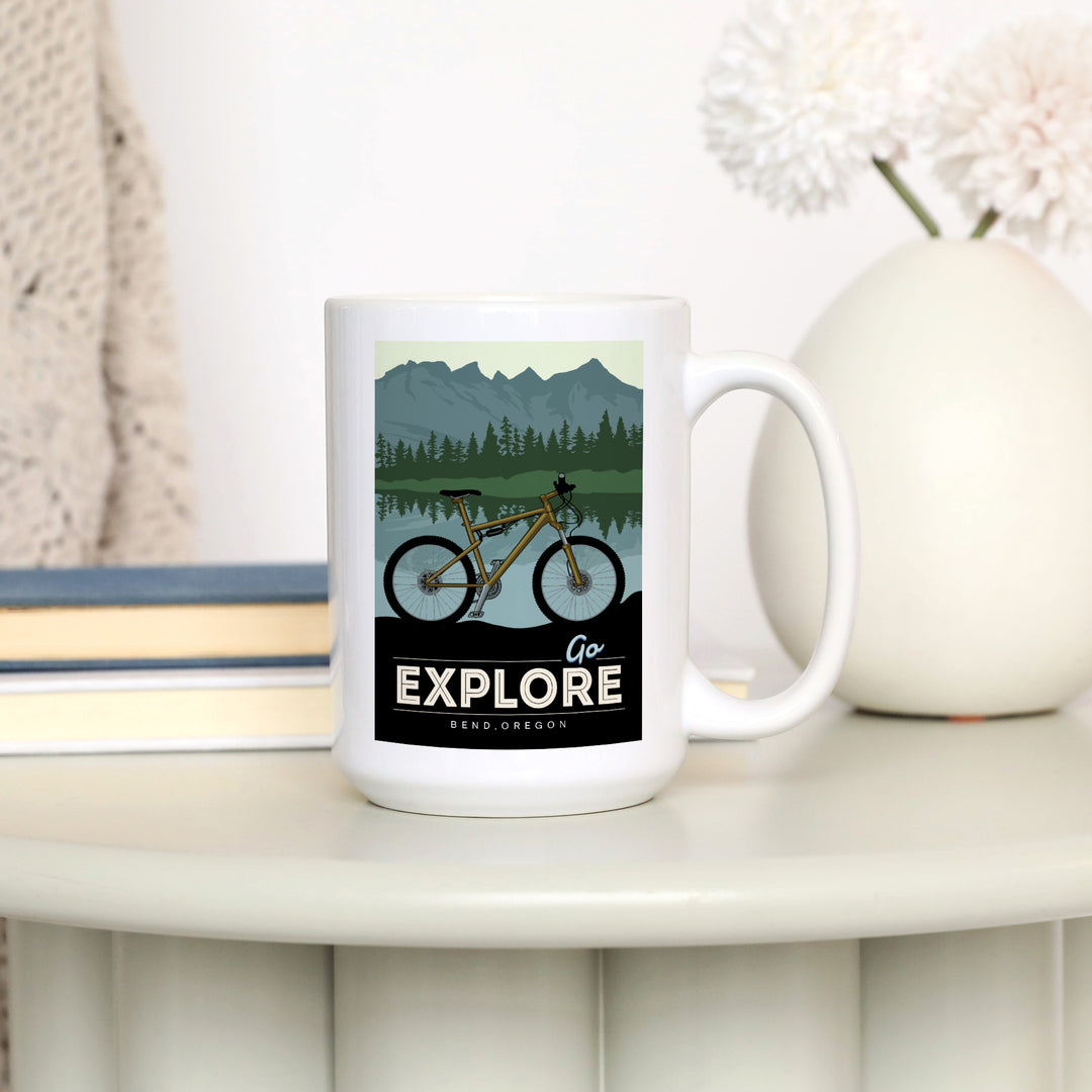 Bend, Oregon, Go Explore, Bike, Lantern Press Artwork, Ceramic Mug