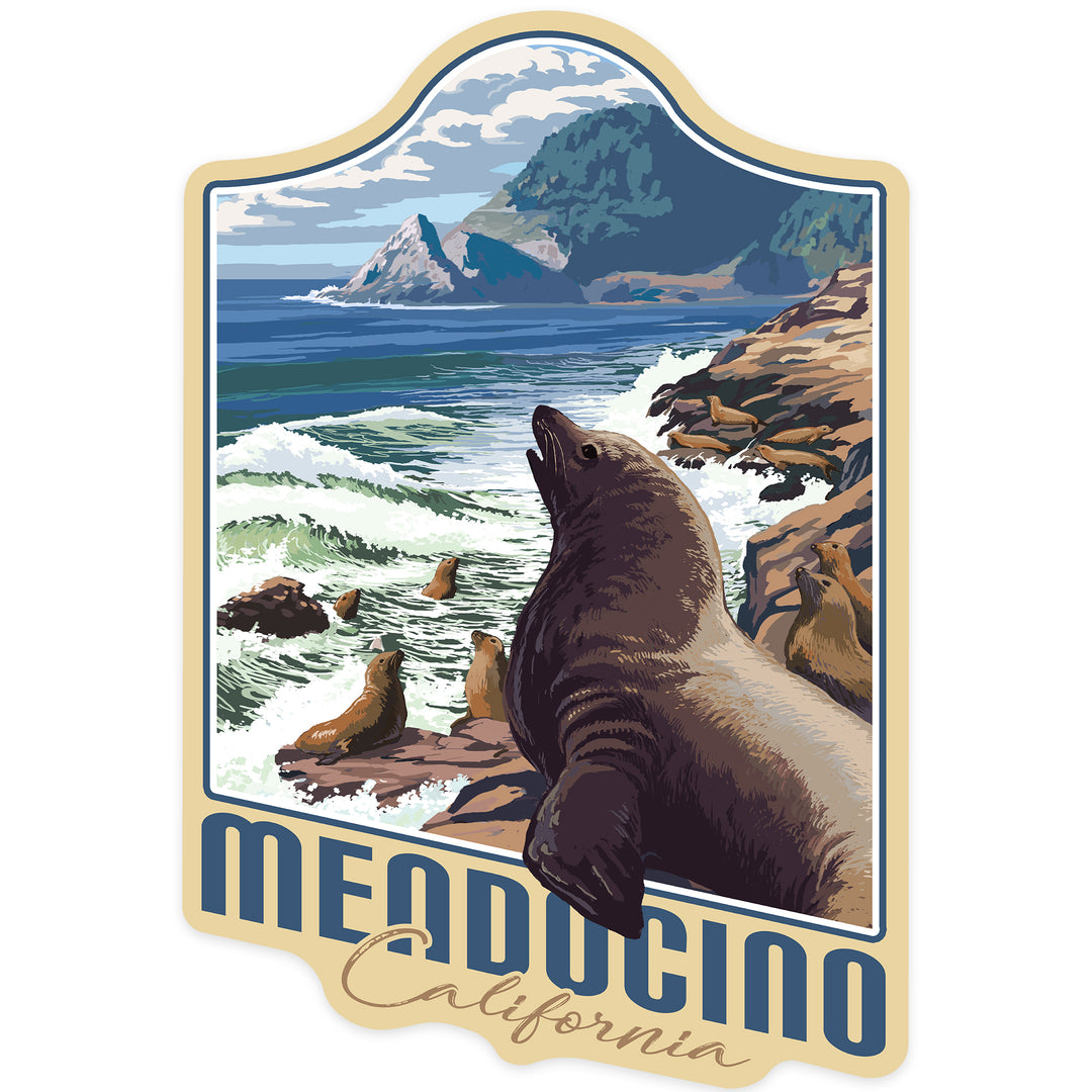 Mendocino, California, Sea Lions on Coast, Contour, Vinyl Sticker