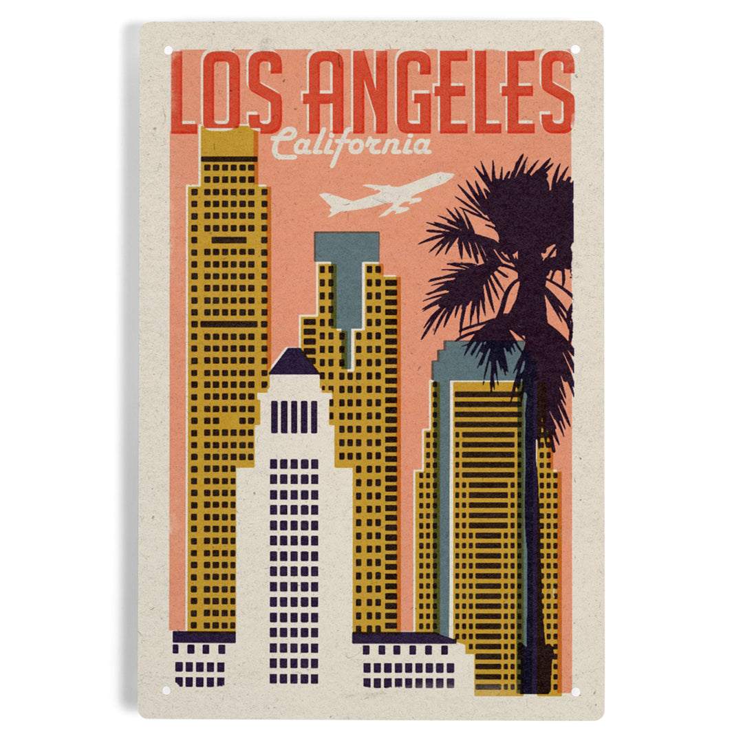 Los Angeles, California, Woodblock City Series, Skyline, 12x18 Metal Sign