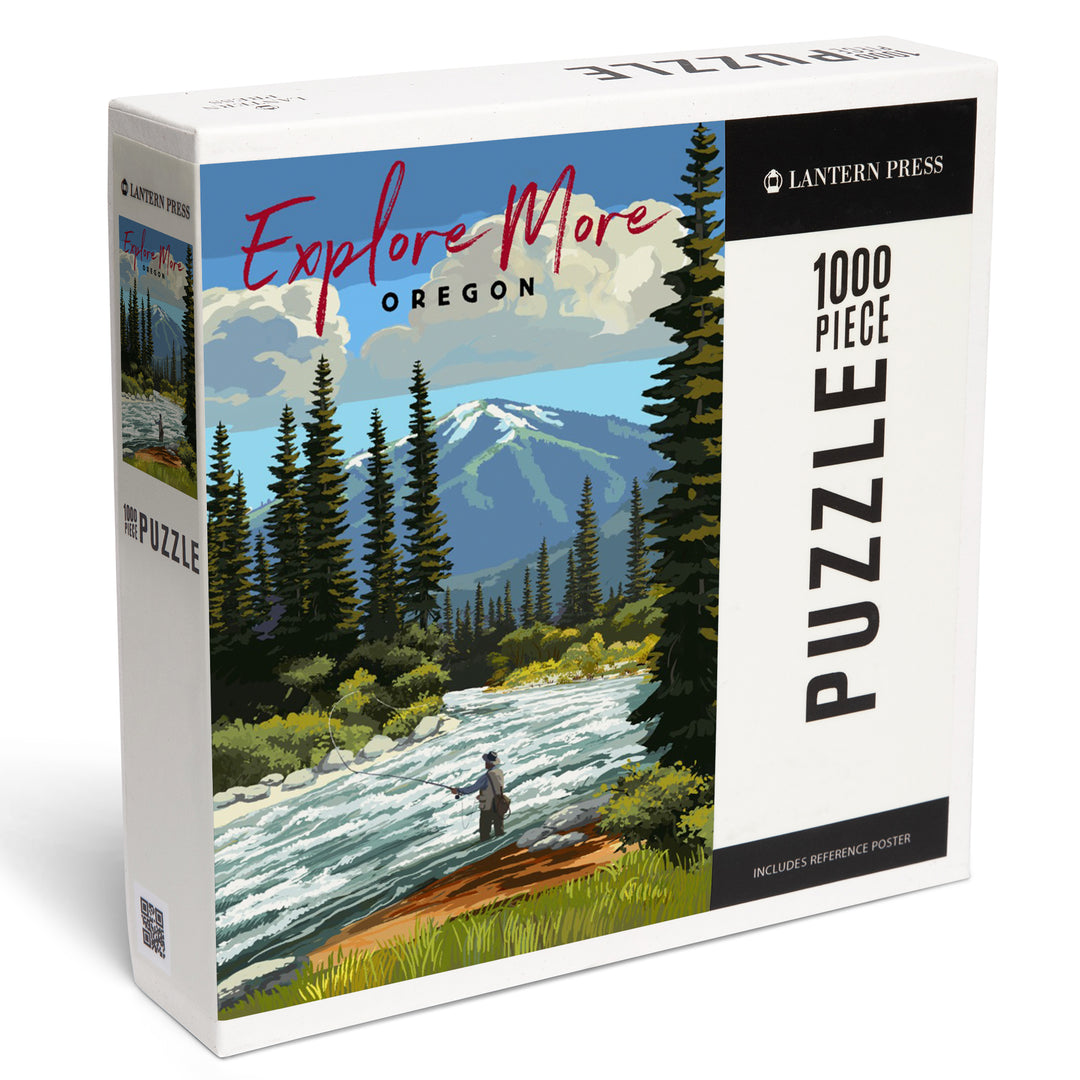 Oregon, Painterly, Explore More, Fly Fisherman and River Rapids, 1000 Piece Jigsaw Puzzle