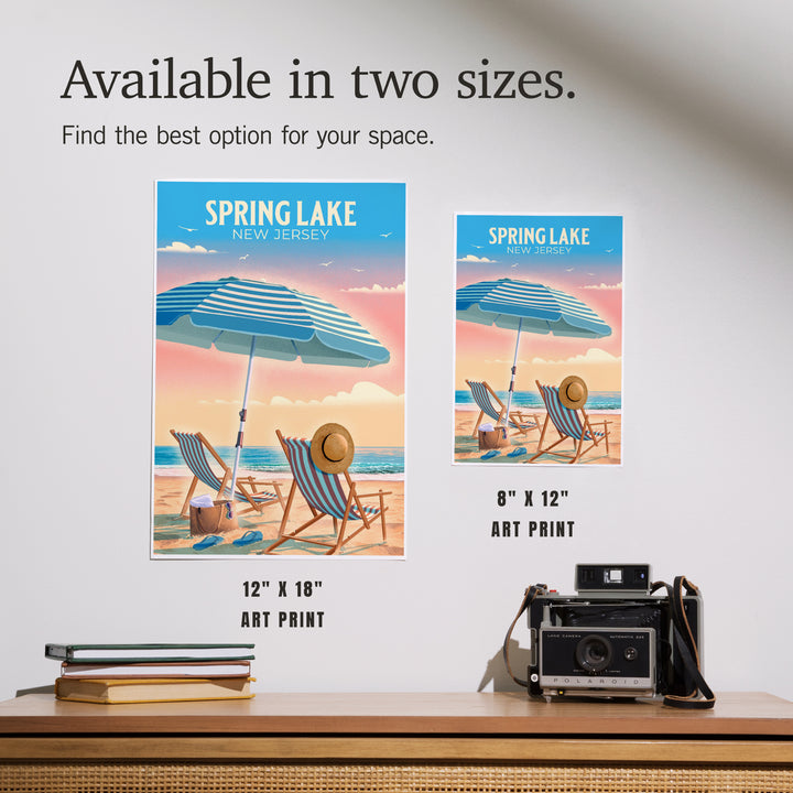 Spring Lake, New Jersey, Lithograph, Beach Chair and Umbrella art prints, metal signs