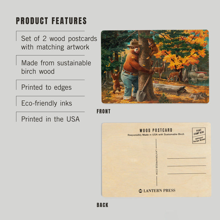 Smokey Bear Hugging Tree, Officially Licensed, Wood Sign and Postcards