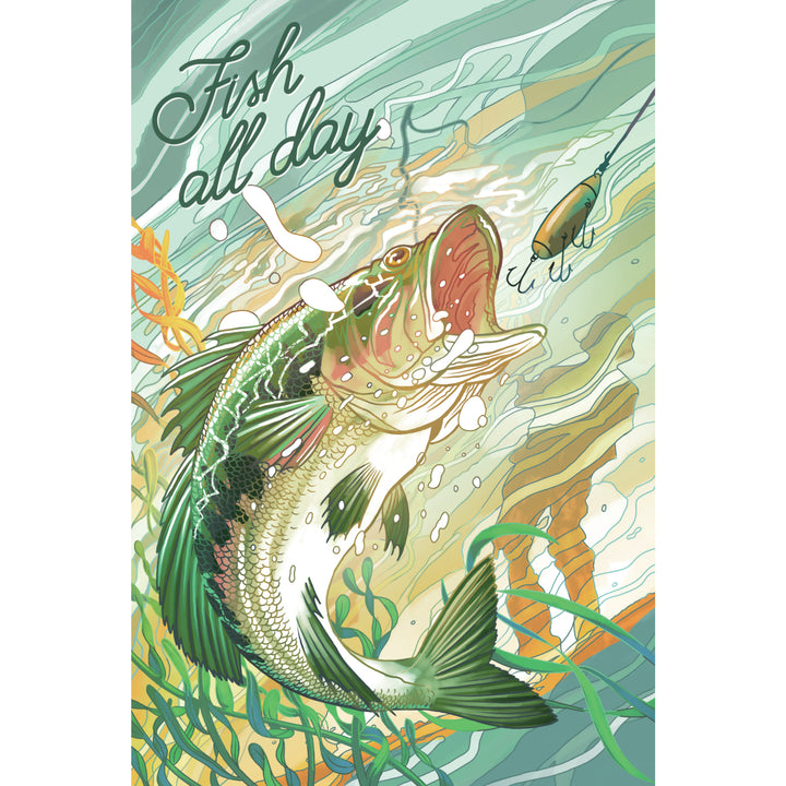 Fish All Day, Bass, Stretched Canvas - Lantern Press