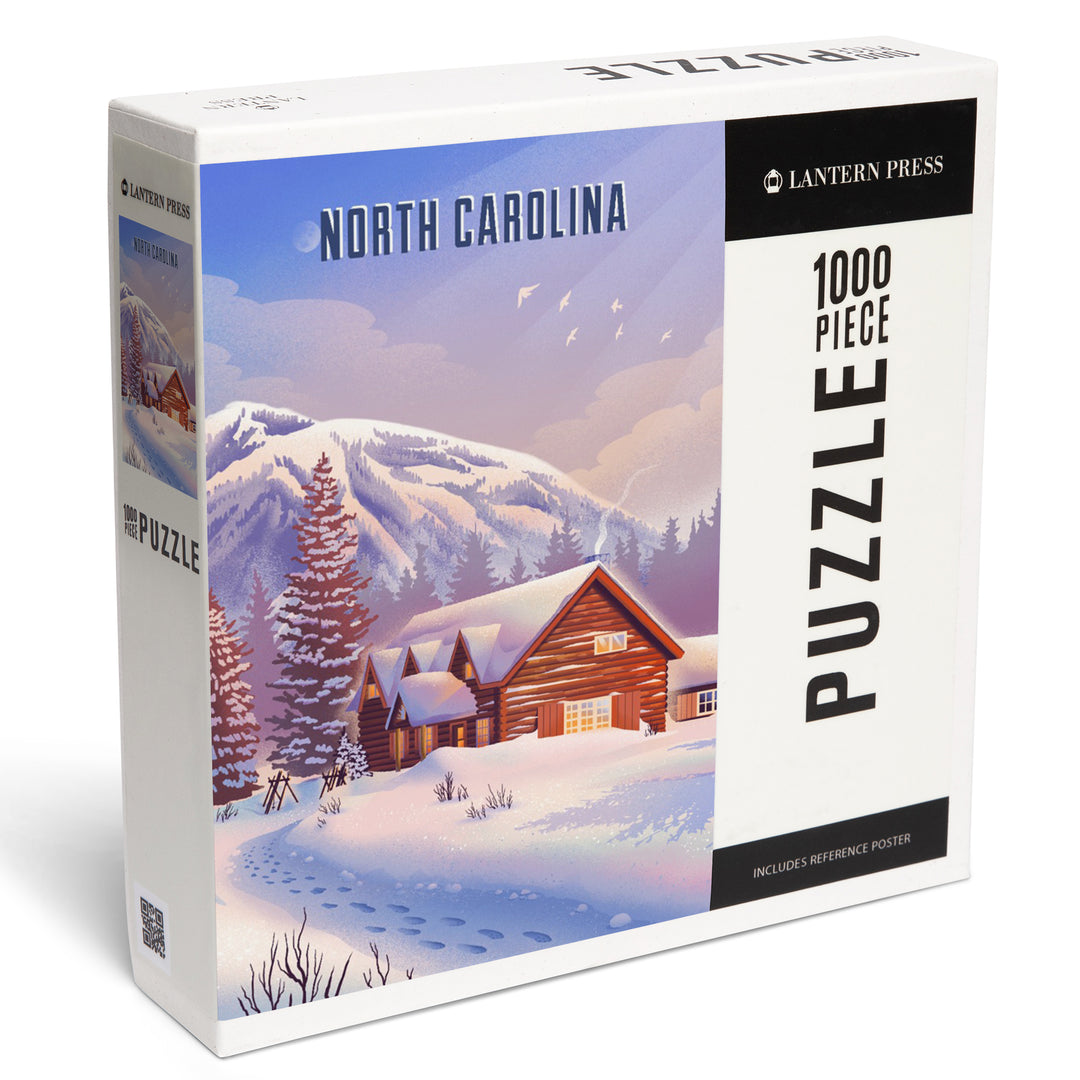 North Carolina, Lithograph, Mountain Lodge, Winter Scene, 1000 Piece Jigsaw Puzzle
