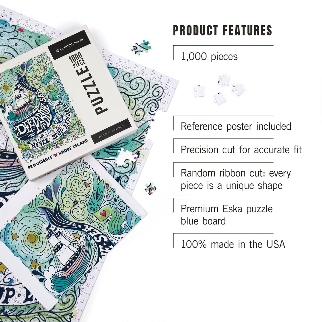 Providence, Rhode Island, Watercolor Whale, Deep Blue Sea, Nautical Art, 1000 Piece Jigsaw Puzzle