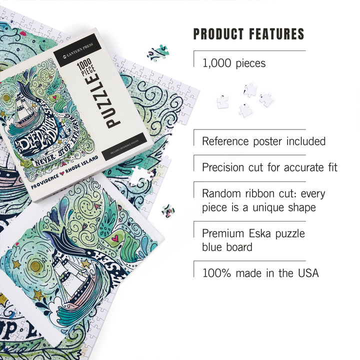 Providence, Rhode Island, Watercolor Whale, Deep Blue Sea, Nautical Art, 1000 Piece Jigsaw Puzzle