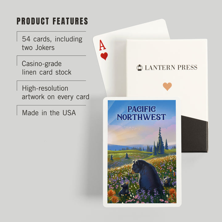 Playing Cards, Pacific Northwest, Lithograph, Bear Family in Field, 52 Card Deck with Jokers in Box, Unique Art