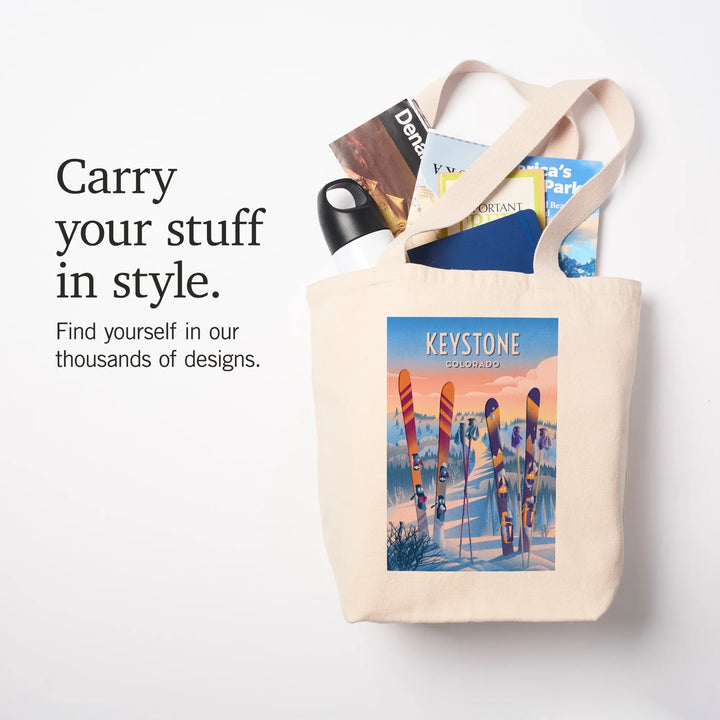 Keystone, Colorado, Prepare for Takeoff, Skis in Snowbank, Tote Bag