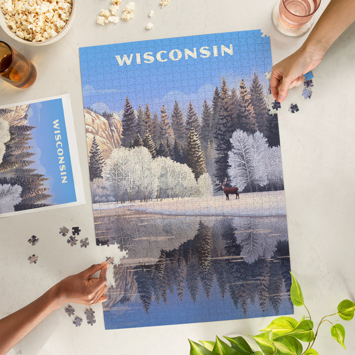 Wisconsin, Lithograph, Lone Deer By Snowy Lake, Jigsaw Puzzle
