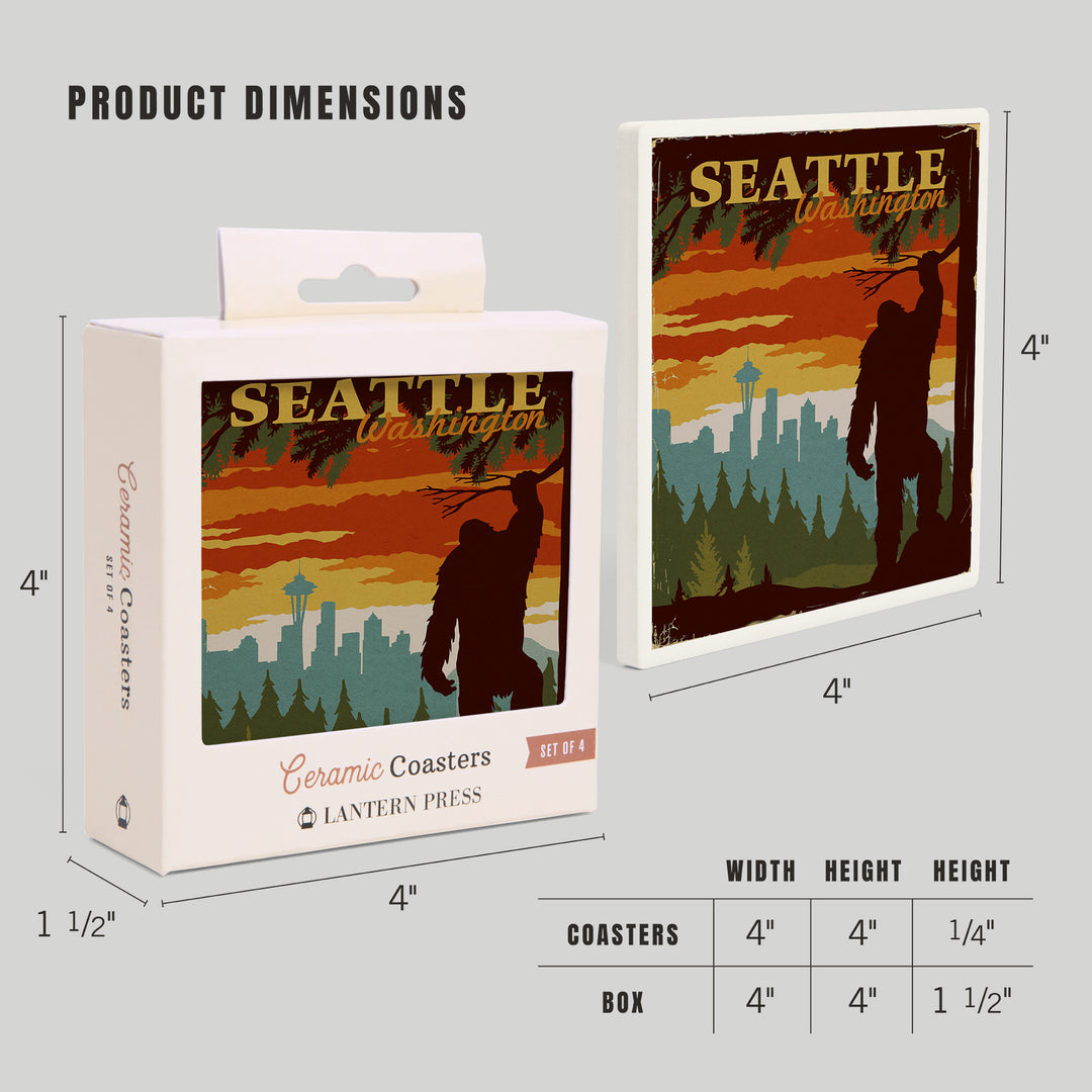 Seattle Skyline, Bigfoot, WPA Style, Coasters