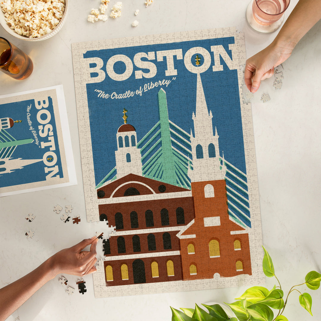Boston, Massachusetts, Woodblock City Series, Historic and Modern, 1000 Piece Jigsaw Puzzle