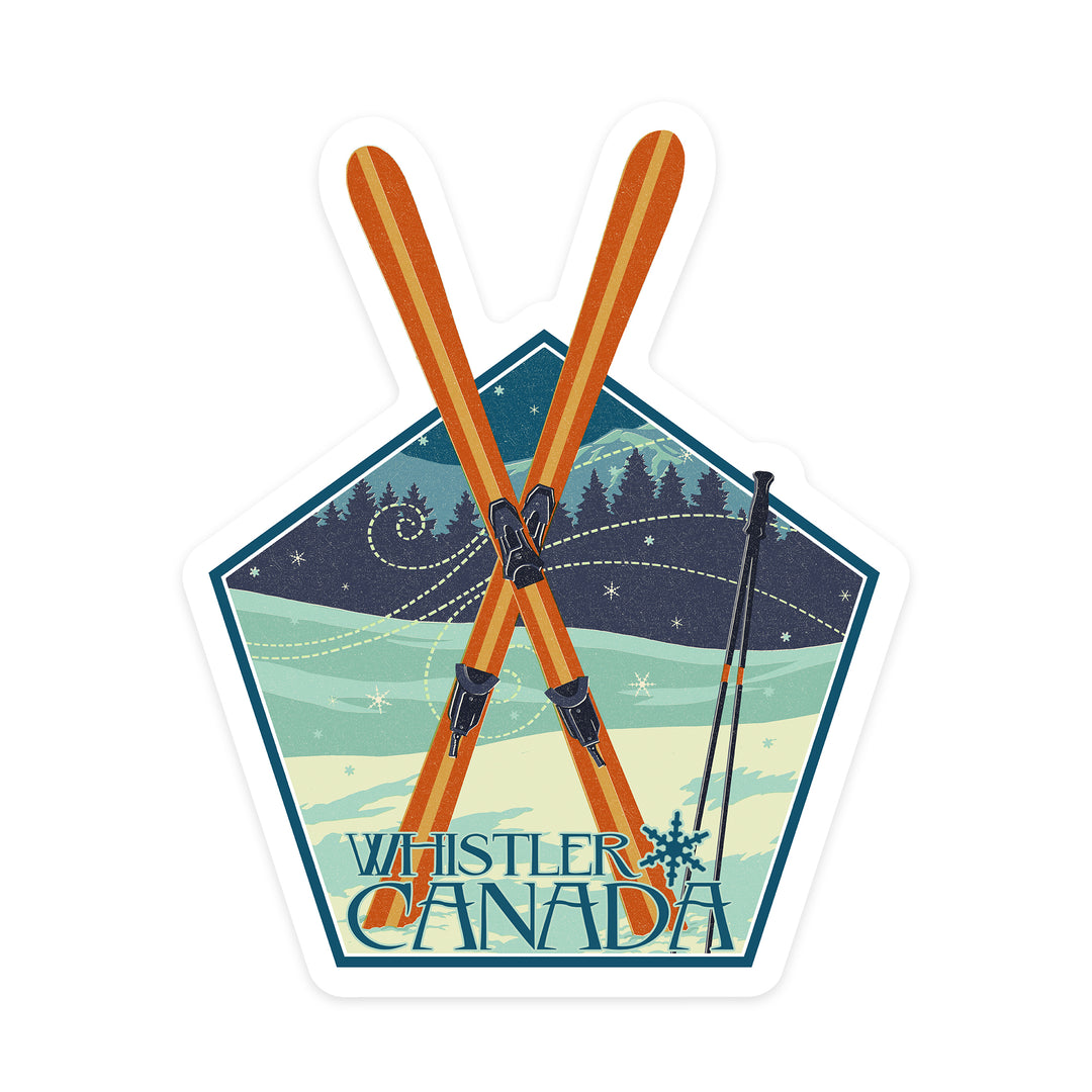 Whistler, Canada, Crossed Skis, Letterpress, Contour, Vinyl Sticker