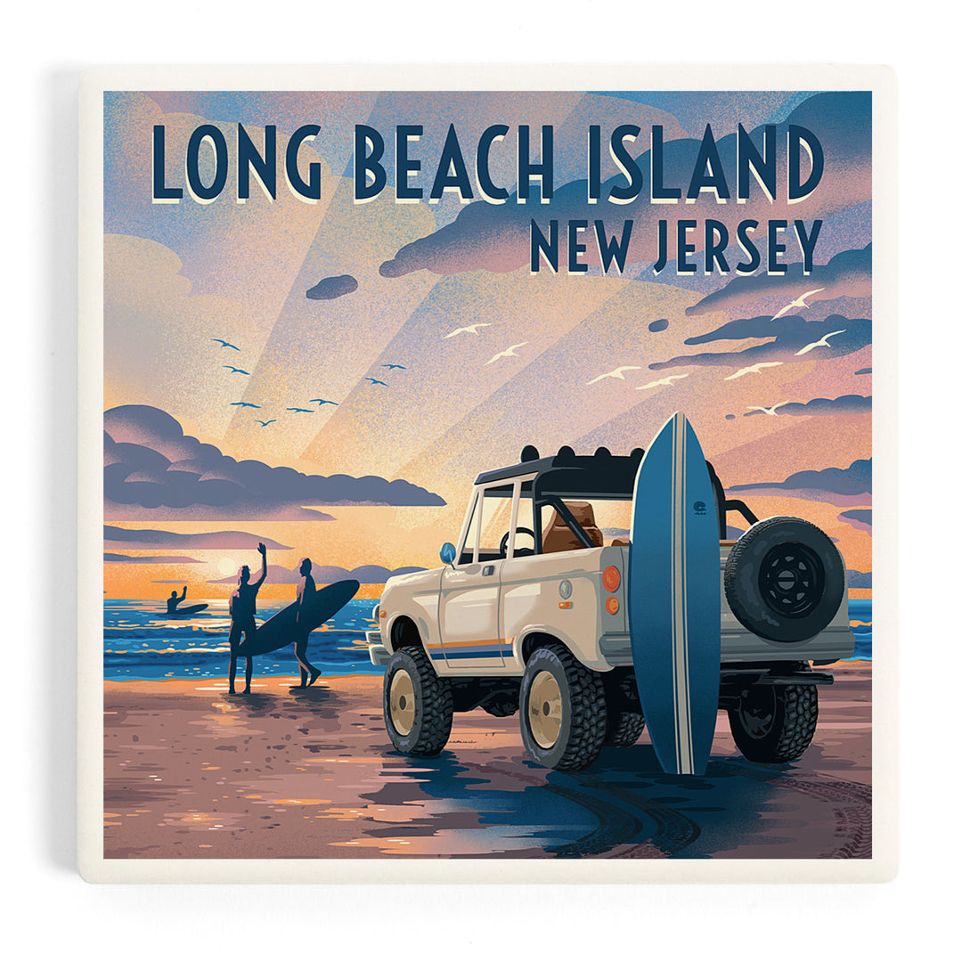 Long Beach Island, New Jersey, Lithograph, Surfers on Beach, Coasters