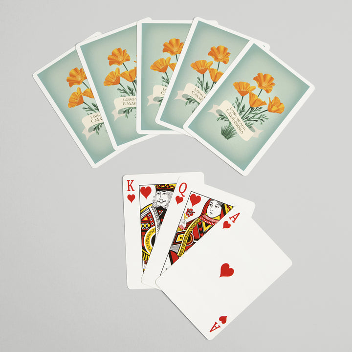Playing Cards, Long Beach, California, Vintage Flora, California Poppy, 52 Card Deck with Jokers in Box, Unique Art