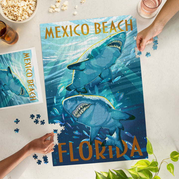 Mexico Beach, Florida, Painterly, Stylized Tiger Sharks, Jigsaw Puzzle