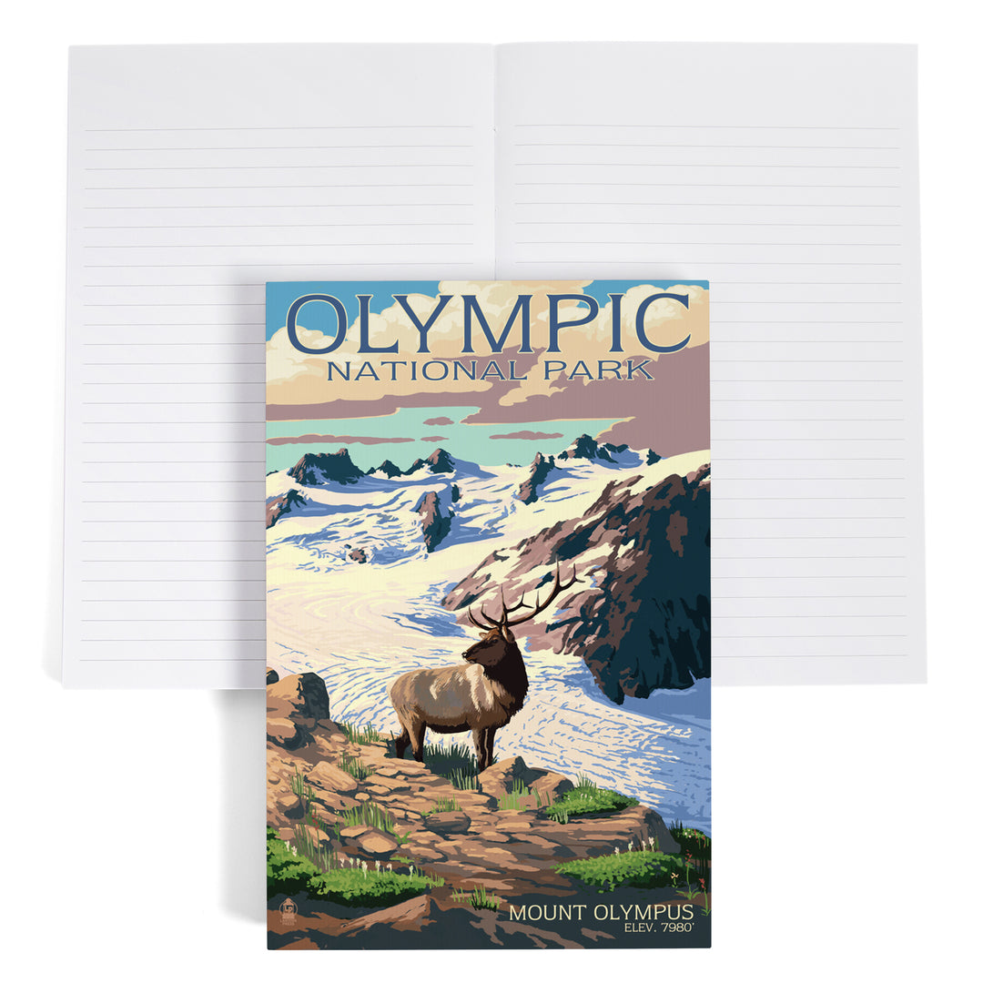 Lined 6x9 Journal, Olympic National Park, Washington, Mt. Olympus and Elk, Lay Flat, 193 Pages, FSC paper