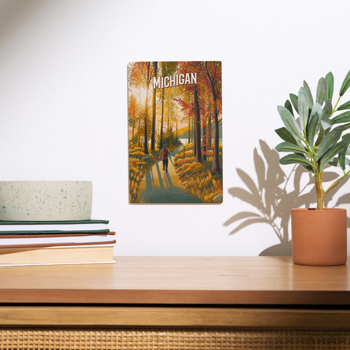 Michigan, Walk In The Woods, Day Hike, Wood Signs and Postcards - Lantern Press