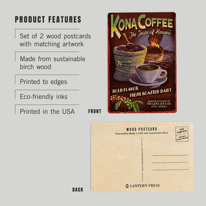 Hawaii, Kona Coffee Vintage Sign, Wood Sign and Postcards