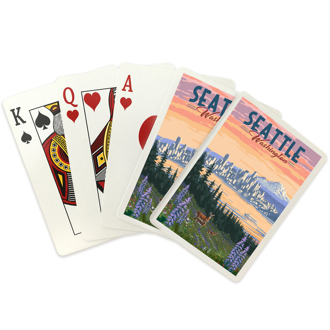 Playing Cards, Seattle, Washington, Deer and Spring Flowers, 52 Card Deck with Jokers in Box, Unique Art